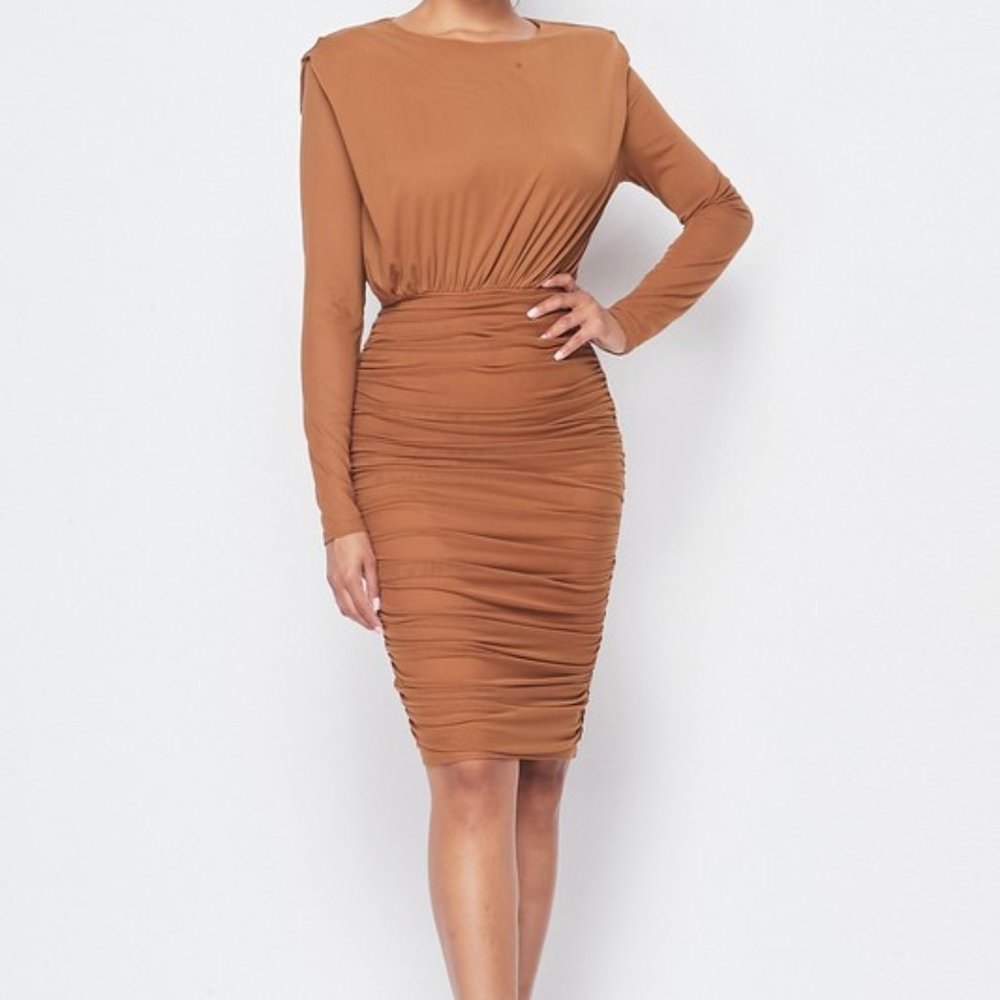 Rust Sheer Midi Dress With Ruching - Picture 2 of 4